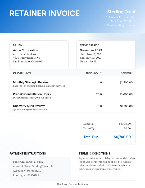 Professional Service Retainer Statement