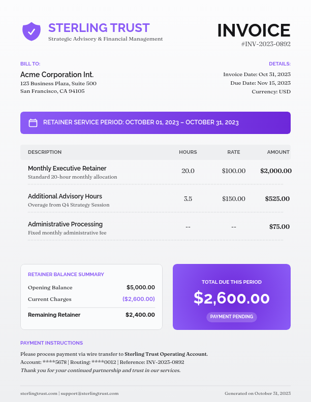 Professional Monthly Retainer Billing