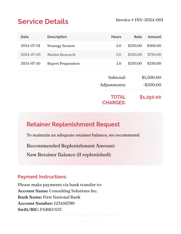 Professional Monthly Retainer Statement