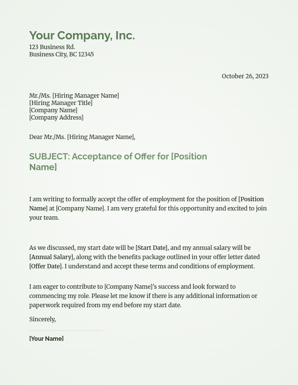 Professional Job Offer Acceptance Letter