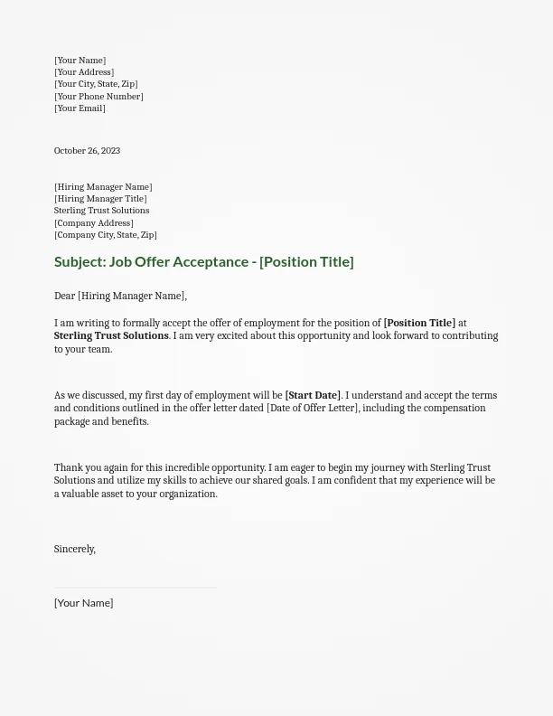 Professional Job Offer Acceptance Letter