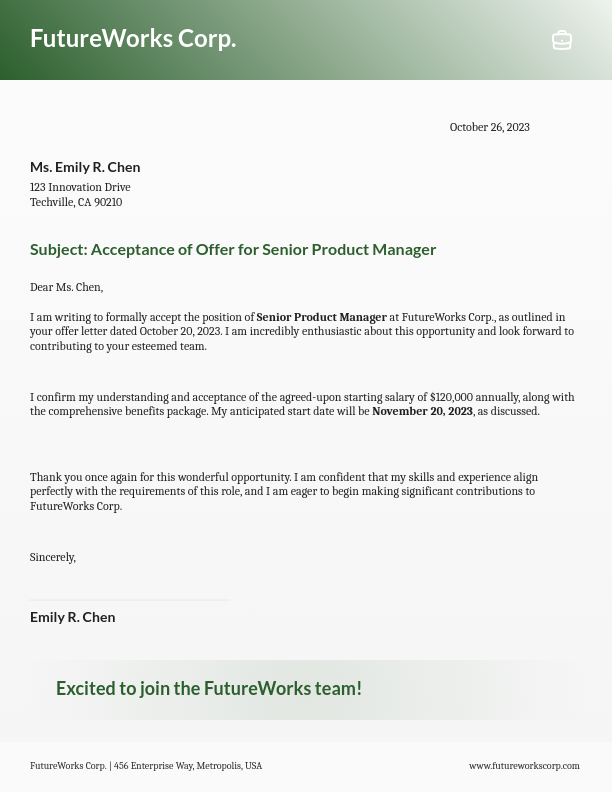 Formal Job Offer Acceptance