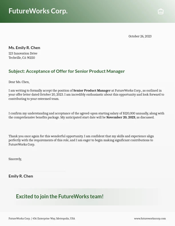Formal Job Offer Acceptance