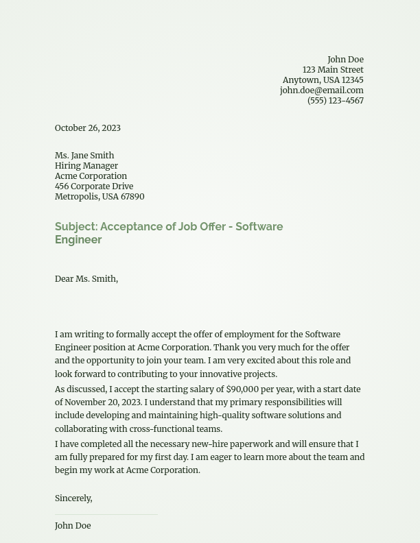 Formal Employment Acceptance Confirmation