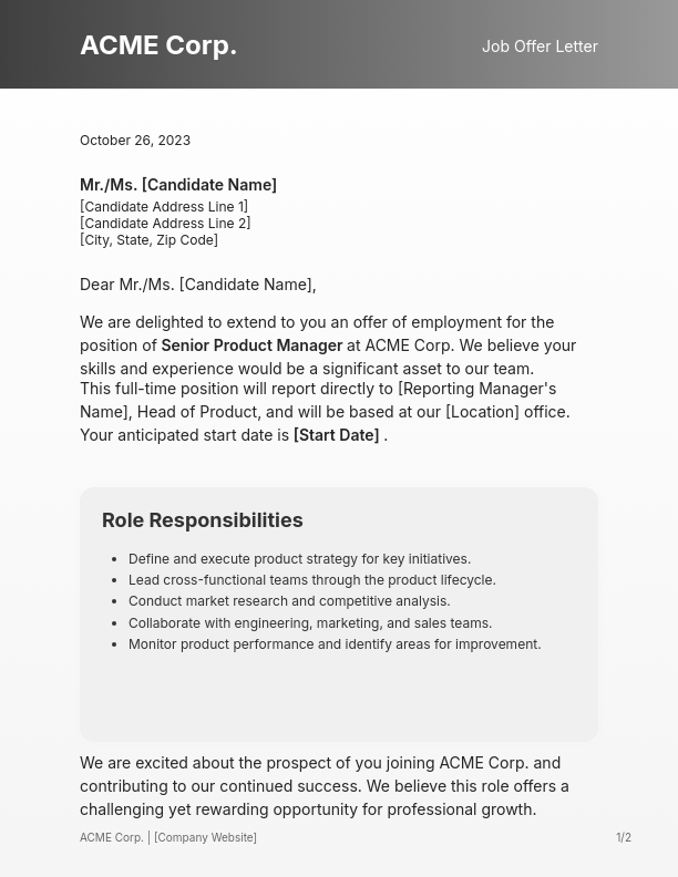 Formal Executive Job Offer Letter