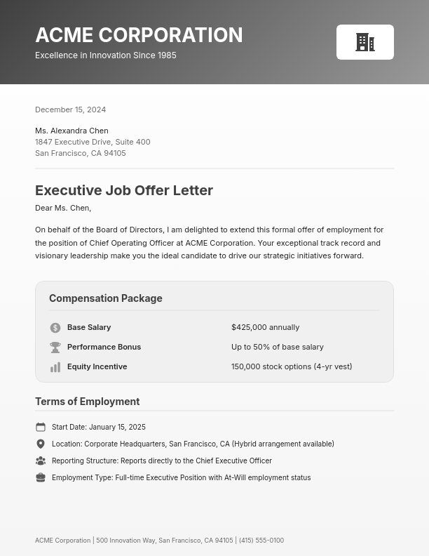 Executive Employment Offer Proposal