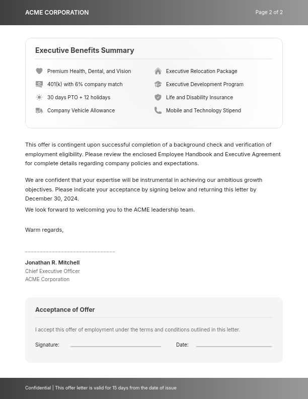 Executive Employment Offer Proposal