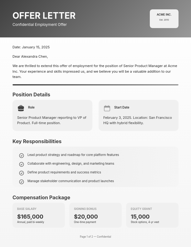 Formal Executive Employment Offer