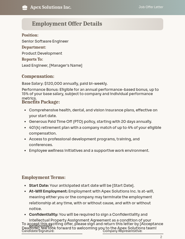 Formal Executive Job Offer Letter