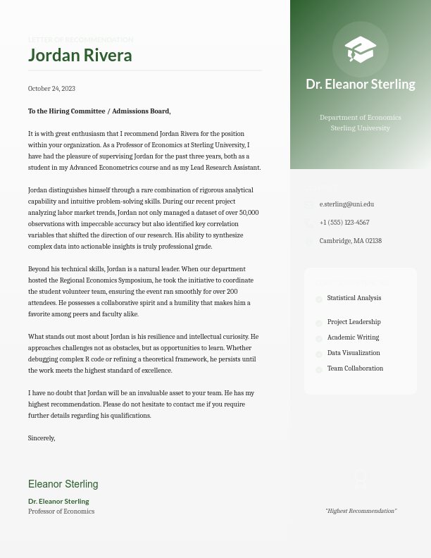 Academic and Professional Reference Letter