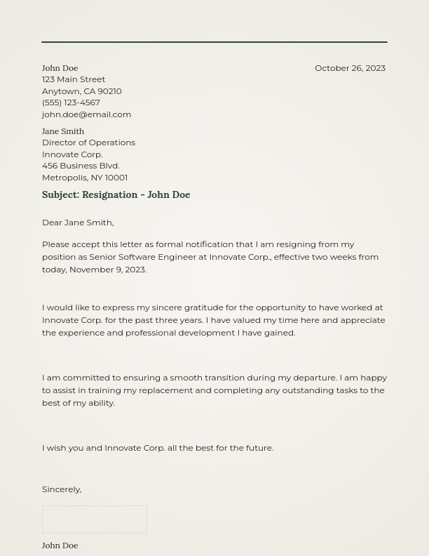 Professional Standard Resignation Letter