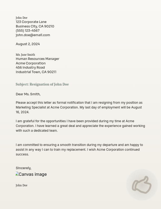 Formal Professional Resignation Notice