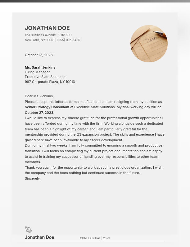 Professional Resignation with Notice Period