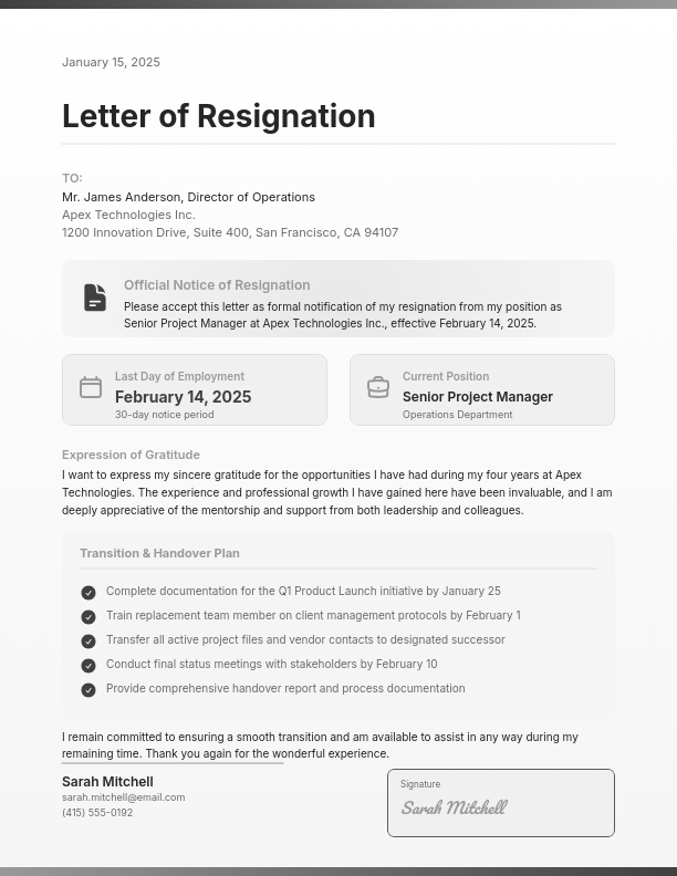 Formal Resignation With Transition Plan