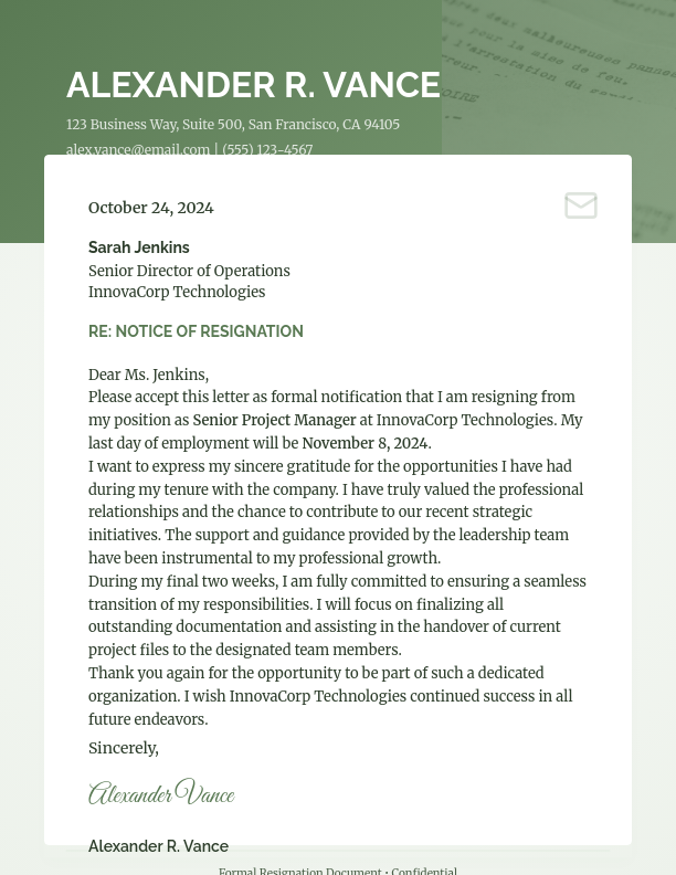 Formal Executive Resignation Notice
