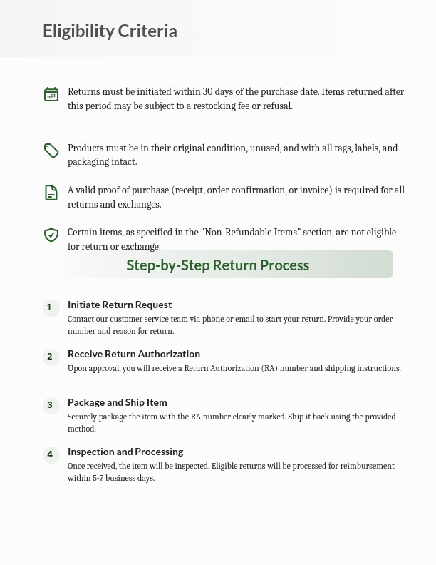 Standard Business Refund and Exchange Policy