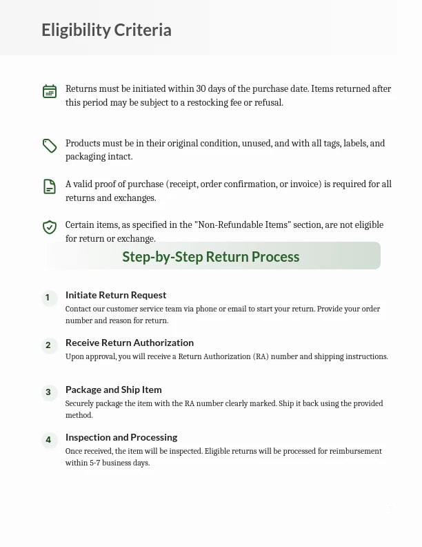 Standard Business Refund and Exchange Policy