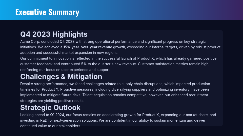 Corporate Board Quarterly Strategic Review