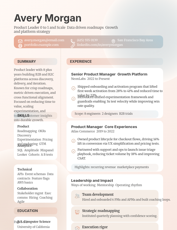 Strategic Product Manager Performance CV