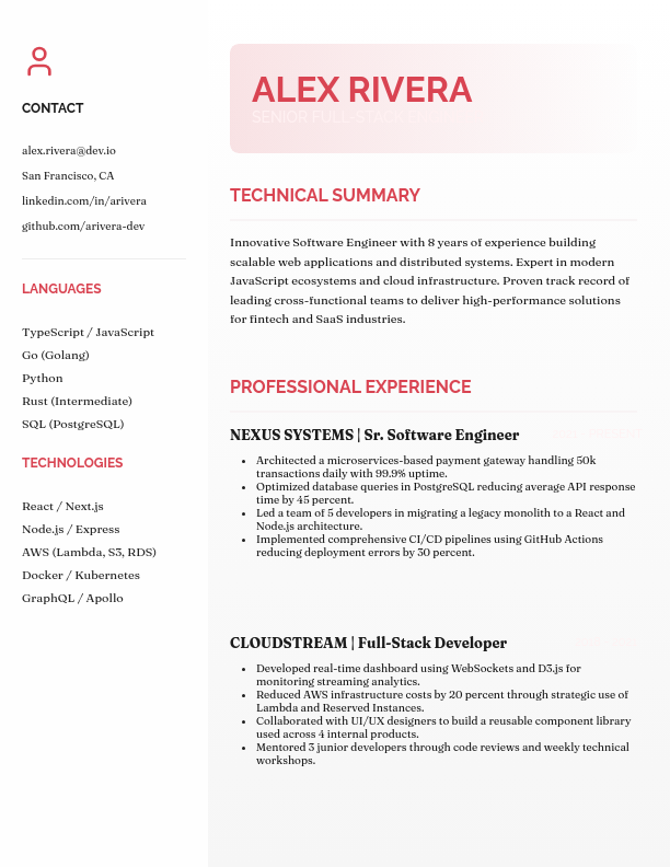 Modern Full Stack Software Engineer CV