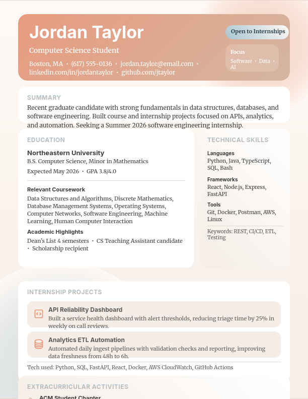 Modern Academic Internship Resume